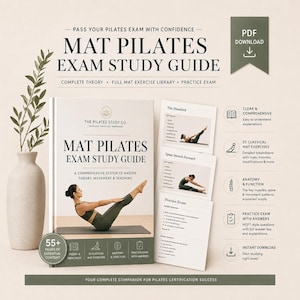 Pode incluir: Um livro Guia de Estudo do Exame de Pilates Mat com uma mulher fazendo um exercício de Pilates na capa. O livro inclui teoria, biblioteca de exercícios e exame prático. A imagem também mostra páginas de amostra e um ícone de download em PDF.