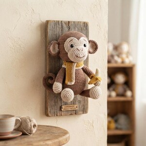 May include: A brown and cream crocheted monkey toy with a yellow scarf and a small yellow banana, mounted on a rectangular weathered wooden board. A small wooden tag at the bottom of the board features the text "HANDMADE CROCHET PATTERN".
