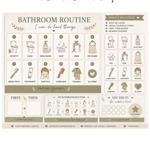 Op de afbeelding: Een beige badkamer routinekaart met illustraties voor elke stap, inclusief tandenpoetsen en handen wassen. De kaart bevat de tekst "Bathroom Routine" en "I can do hard things."