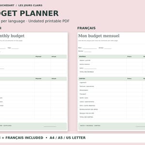 Peut inclure: Un planificateur budgétaire PDF imprimable présentant deux pages avec du texte en anglais et en français. La mise en page comprend des sections pour les revenus et les dépenses mensuels avec des colonnes pour les montants prévus et réels.