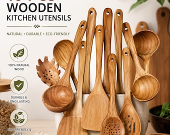 10-Piece Natural Wood Kitchen Utensil Set | Nonstick Safe Cooking Spoons, Spatulas