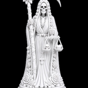 May include: A white monochromatic statue of a skeletal figure draped in a hooded robe adorned with roses. The figure holds a tall scythe in one hand and a set of scales in the other, with a small skull and a heart resting on the scale pans.