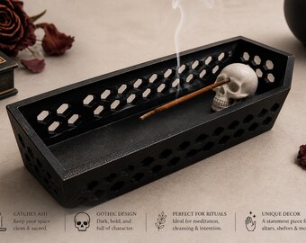 Porta incienso con forma de ataúd de calavera