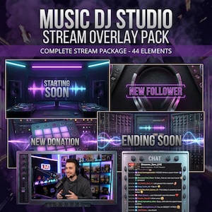 Op de afbeelding: Een digitaal muziek DJ studio stream overlay pakket met 44 elementen. Bevat tekstafbeeldingen voor Starting Soon, New Follower, New Donation en Ending Soon, naast een chatbox-interface en een videokader met een gamende persoon.