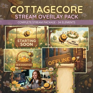 Puede incluir: Un paquete de superposición de transmisión digital con un tema cottagecore. El diseño incluye ilustraciones de abejas, flores y letreros de madera con texto como "Starting Soon" y "Offline". El paquete contiene 34 elementos.
