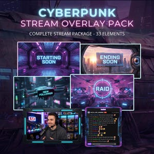Peut inclure: Pack d'overlay de stream Cyberpunk avec 33 éléments. Comprend des écrans "Starting Soon" et "Ending Soon", une alerte "New Follower" et une alerte "Raid". Comprend une interface de stream en direct avec un streamer et un chat.