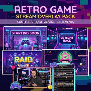 Può includere: Un pacchetto di sovrapposizione per streaming digitale con grafica di giochi retrò in colori viola e neon. Il testo recita RETRO GAME STREAM OVERLAY PACK, COMPLETE STREAM PACKAGE - 34 ELEMENTS, STARTING SOON, BE RIGHT BACK, RAID e una chat.