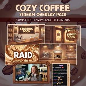 Puede incluir: Un paquete de superposición de transmisión de arte digital con un tema de café acogedor. La imagen incluye elementos como una escena de cafetería, un letrero de "Starting Soon", un gráfico de "Raid" y una notificación de "New Follower". El paquete tiene 34 elementos.