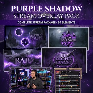 Purple Shadow Twitch Overlay Pack, animerat Dark Fantasy Magic Witch Stream-paket med skärmaviseringar