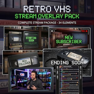 Pacchetto di sovrapposizioni animate in stile VHS retrò per streaming su Twitch - Pacchetto streaming con videocamera analogica e glitch horror