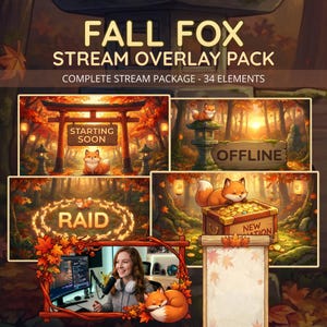 Op de afbeelding: Een digitaal stream-overlaypakket getiteld FALL FOX STREAM OVERLAY PACK met 34 elementen. De afbeeldingen tonen een vossenthema met herfstbladeren, torii-poorten, stenen lantaarns en houten borden met tekst zoals STARTING SOON en OFFLINE.
