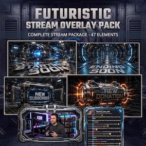 Könnte beinhalten: Ein futuristisches Stream-Overlay-Paket mit 47 Elementen in metallischem, industriellem Design. Es enthält Bildschirme mit der Aufschrift STARTING SOON, ENDING SOON, NEW SUBSCRIBER und NEW DONATION sowie einen Kamerarahmen und ein Chat-Fenster.