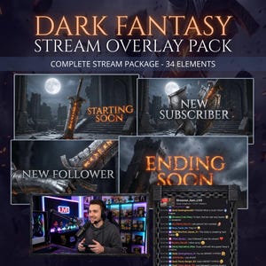 May include: Dark fantasy stream overlay pack with 34 elements. Includes "Starting Soon", "New Subscriber", "New Follower", and "Ending Soon" graphics. A streamer is shown in the bottom of the image.