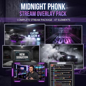 Könnte beinhalten: Midnight Phonk Stream-Overlay-Paket mit 47 Elementen. Enthält Grafiken mit violetter Beleuchtung, Sportwagen in Rauch und Textanzeigen mit Starting Soon, Ending Soon und New Donation sowie ein Chat-Fenster und einen Kamera-Rahmen.