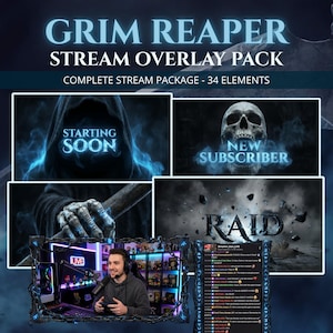 May include: A Grim Reaper stream overlay pack featuring 34 elements with blue glowing text and graphics. Includes screens for Starting Soon, New Subscriber, and Raid, plus a dark, chain-themed webcam frame and a matching chat box overlay.
