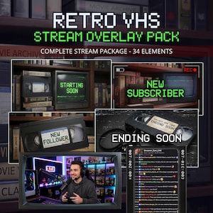 May include: A digital graphic for a retro VHS stream overlay pack. The design includes a variety of elements, such as a television screen with the words "Starting Soon" and "New Subscriber", and a VHS tape with the words "Ending Soon".