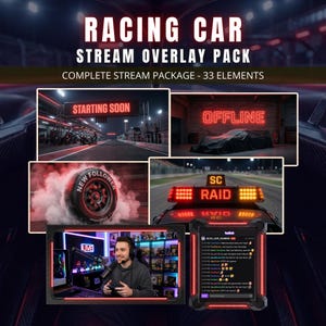 Pode incluir: Gráfico digital para um pacote de sobreposição de stream de carros de corrida. O design inclui elementos como uma pista de corrida, um pneu com o texto "New Follower" e uma configuração de streamer. O texto inclui "Racing Car", "Stream Overlay Pack".