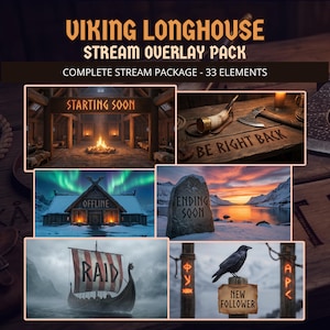 Puede incluir: Un paquete de superposición de transmisión con temática vikinga con 33 elementos. La imagen incluye escenas con texto como "Starting Soon", "Be Right Back", "Offline", "Ending Soon" y "New Follower". También se muestra un barco vikingo con una pancarta "RAID".