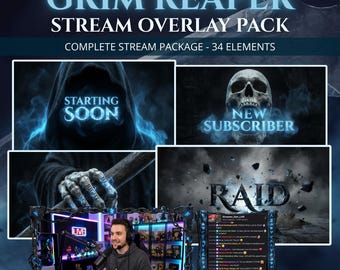 Grim Reaper Twitch Overlay Pack, Animated Gothic Spectral Ghost Death Stream Bundle Screens Alerts