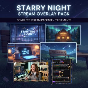 Starry Night Twitch Overlay Pack, animerade drömstjärnor, himmel, LoFi-strömskärmar, aviseringspaneler