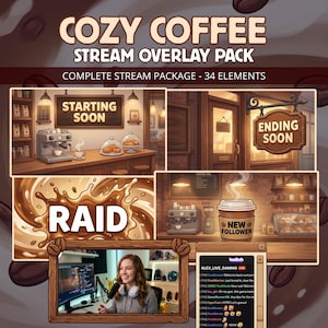 Könnte beinhalten: Ein digitales Stream-Overlay-Paket mit dem Titel COZY COFFEE STREAM OVERLAY PACK, bestehend aus 34 Elementen im Café-Design. Enthält Szenen mit Texten wie STARTING SOON, ENDING SOON, RAID, NEW FOLLOWER und einen Holzrahmen für Webcam-Feeds.