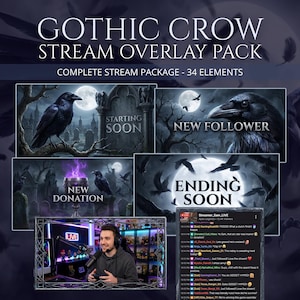 May include: A digital stream overlay pack with a gothic crow theme. The pack includes multiple elements with a dark, spooky aesthetic, featuring crows, tombstones, and the text "Starting Soon," "New Follower," and "Ending Soon."