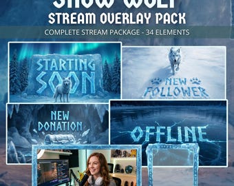 Animated Snow Wolf Twitch Stream Overlay Pack - Winter Sovereign Streaming Package Frost Blue Bundle