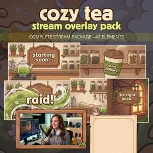 Könnte beinhalten: Ein Stream-Overlay-Paket mit dem Titel cozy tea stream overlay pack complete stream package 47 elements, das illustrierte Szenen von Teeläden, Regalen mit Gläsern, einer Teekanne und Text-Overlays wie starting soon, new follower und raid zeigt.