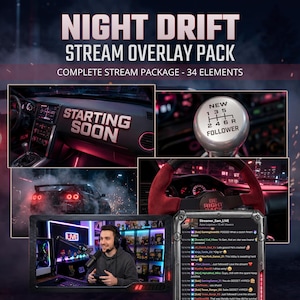 Może przedstawiać: Obraz promocyjny dla pakietu nakładek na stream "Night Drift". Obraz przedstawia wnętrze samochodu z grafiką "Starting Soon", dźwignią zmiany biegów i kierownicą. Streamer jest pokazany z nakładką na stream na żywo.