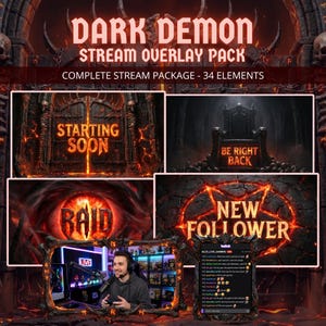 Può includere: Un pacchetto di overlay per streaming Dark Demon con 34 elementi, caratterizzato da testo arancione e rosso fuoco su sfondi gotici scuri. Include schermate con Starting Soon, Be Right Back, Raid, New Follower e una cornice per webcam.