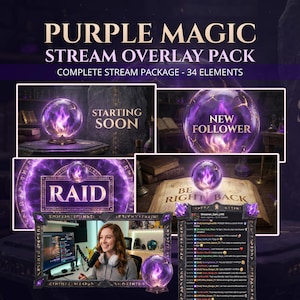May include: A digital stream overlay pack with a purple magic theme. The pack includes 34 elements, with text such as "Starting Soon", "New Follower", and "Raid". The design features a crystal ball with a purple flame.
