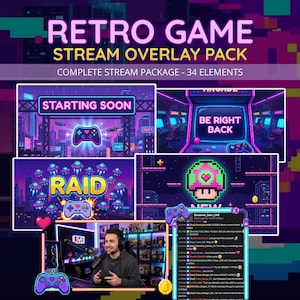 May include: A digital art pack for live streaming, featuring a retro game theme. The design includes "Starting Soon", "Be Right Back", and "Raid" screens, along with a live stream overlay. The color palette is dominated by purple, pink, and blue.