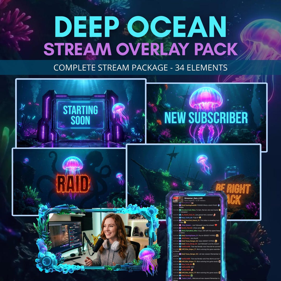 Animated Deep Ocean Twitch Stream Overlay Pack Cyberpunk