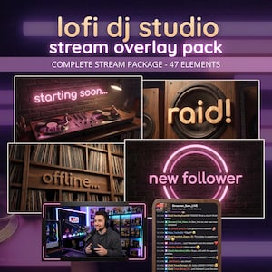 Op de afbeelding: Een lofi dj studio stream overlay pack met 47 elementen. De afbeeldingen bevatten tekst zoals lofi dj studio stream overlay pack, starting soon, raid, offline en new follower, naast afbeeldingen van een draaitafel, luidspreker en chat.