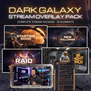Puede incluir: Un paquete de superposiciones para streaming Dark Galaxy con 34 elementos digitales. Los gráficos incluyen escenas espaciales con astronautas, planetas y asteroides, junto con textos superpuestos que dicen Starting Soon, New Follower, Raid y Be Right Back.