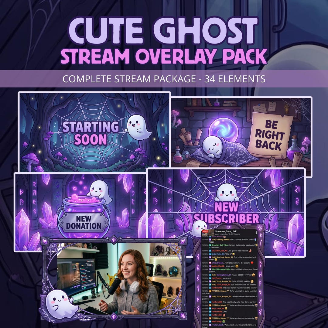 Animated Cartoon Ghost Twitch Stream Overlay Pack - Spooky Cozy Purple ...