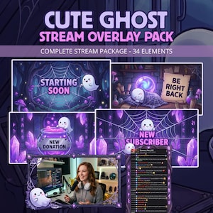 Op de afbeelding: Een digitaal stream overlay-pakket met een schattig spookthema. Het pakket bevat 34 elementen met een paars en wit kleurenschema. De tekst bevat "Cute Ghost Stream Overlay Pack", "Starting Soon", "Be Right Back" en "New Subscriber".