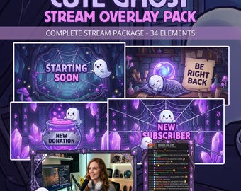 May include: A digital stream overlay pack with a cute ghost theme. The pack includes 34 elements with a purple and white color scheme. The text includes "Cute Ghost Stream Overlay Pack", "Starting Soon", "Be Right Back", and "New Subscriber".
