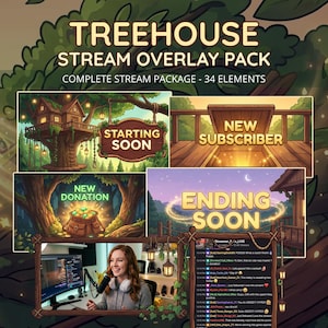 May include: A digital art pack titled "Treehouse Stream Overlay Pack" with 34 elements. The design includes a treehouse, wooden signs with text, and a streamer's interface. The signs read "Starting Soon", "New Subscriber", "New Donation", and "Ending Soon".