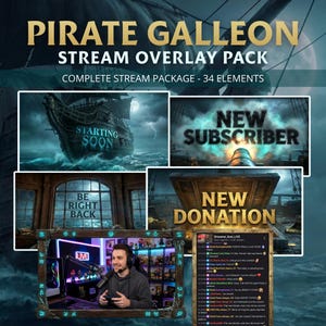 Könnte beinhalten: Ein digitales Kunstpaket für Live-Streaming mit Piraten-Thema. Das Design umfasst ein Piratenschiff, stürmische See und Text-Overlays wie "Starting Soon", "New Subscriber" und "New Donation."