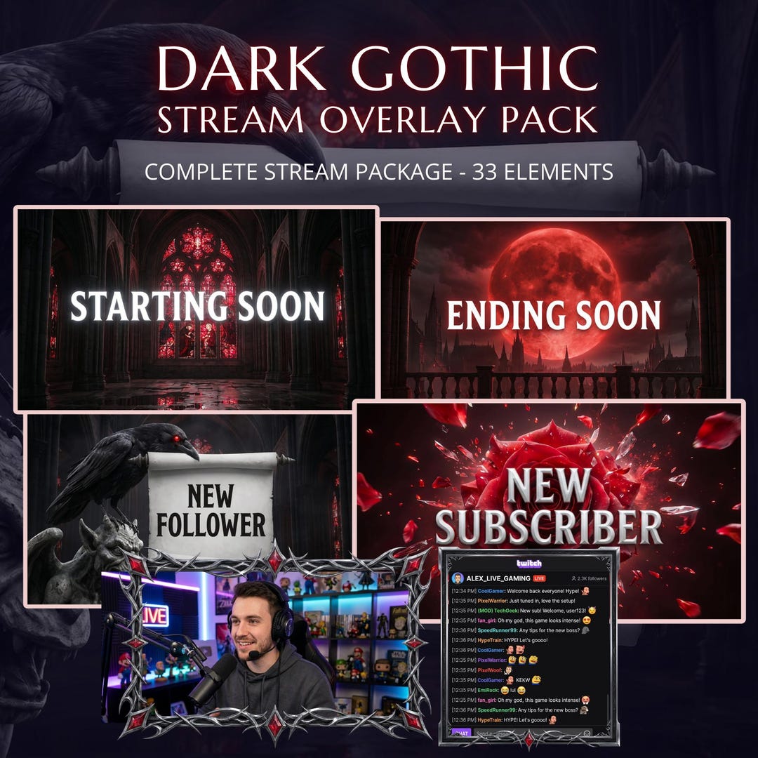 Animated Dark Gothic Twitch Stream Overlay Pack - High Contrast Crimson ...