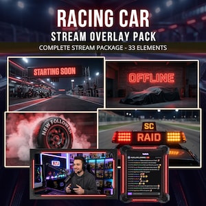 Pode incluir: Um pacote de sobreposição de stream de carros de corrida com 33 elementos. Os gráficos incluem um sinal de início, uma tela offline com um carro coberto, um gráfico de pneu para novos seguidores, um alerta de raid e uma moldura para webcam.