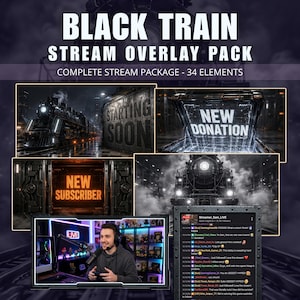 May include: A digital art graphic for a "Black Train Stream Overlay Pack." The image features a steam train, "Starting Soon," "New Donation," and "New Subscriber" graphics. A streamer is shown with a live stream interface.