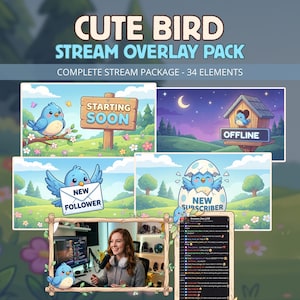 May include: A digital art stream overlay pack featuring a cute blue bird theme. The pack includes various elements such as "Starting Soon", "New Follower", and "New Subscriber" graphics, along with a streamer's setup and chat window. The text "CUTE BIRD STREAM OVERLAY PACK" is displayed.