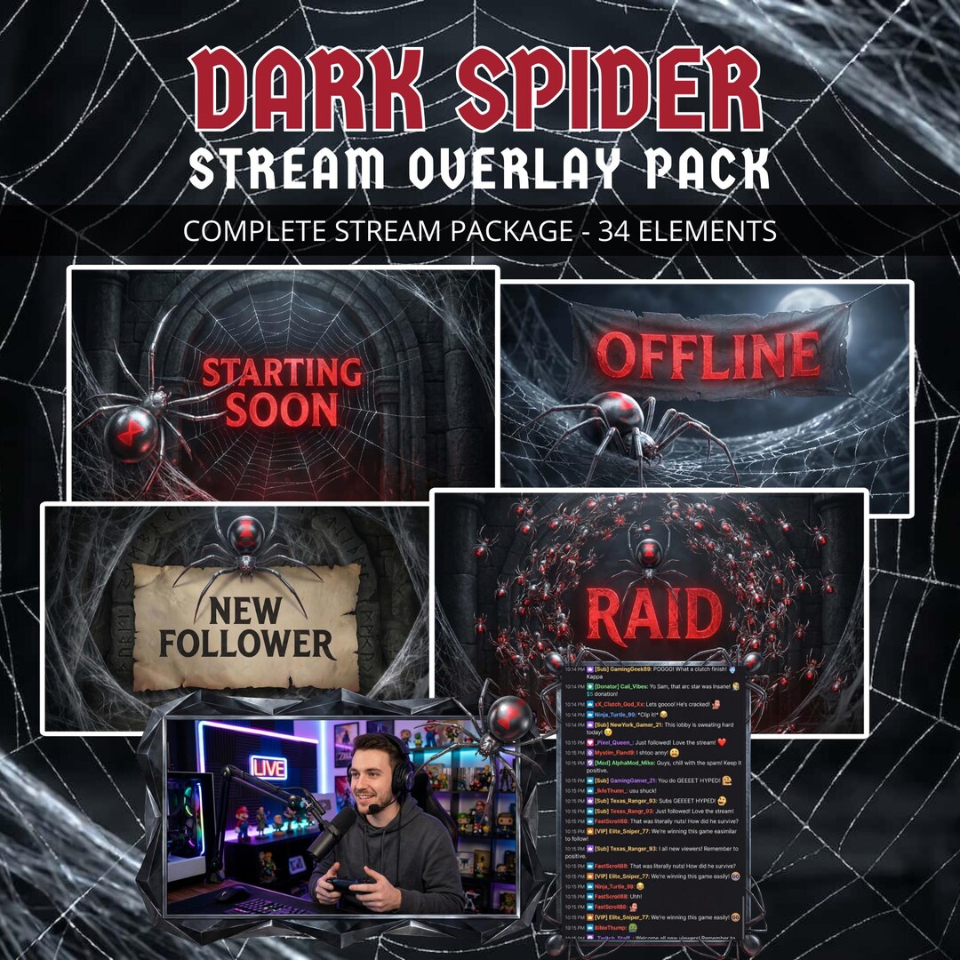 Animated Dark Spider Twitch Stream Overlay Pack - Gothic Arachnid ...