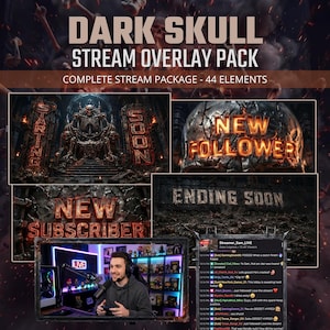 May include: A digital stream overlay pack titled DARK SKULL STREAM OVERLAY PACK COMPLETE STREAM PACKAGE - 44 ELEMENTS. It features dark, gothic-themed graphics including a skeleton on a throne, glowing text for new followers and subscribers, and a chat box.