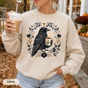Fall Crow Sweatshirt, Crows with Coffee Shirt, Coffee Lover Sweatshirt, Cute Crow Sweater, Bird Shirt, Animal Lover Shirt, Whimsigoth Shirt