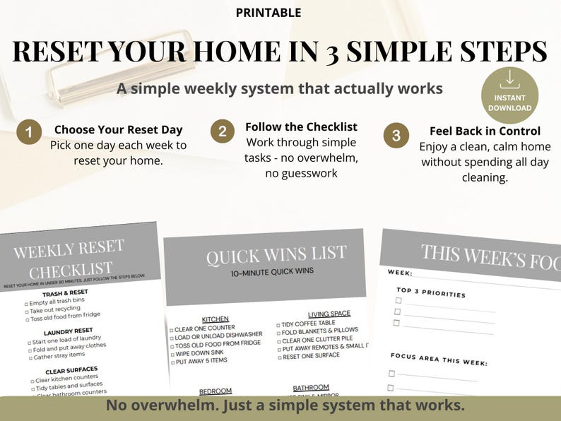 May include: Printable home reset system with three steps: Choose your reset day, follow the checklist, and feel back in control. Includes checklists for weekly tasks and quick wins. Features text: "Reset Your Home in 3 Simple Steps."