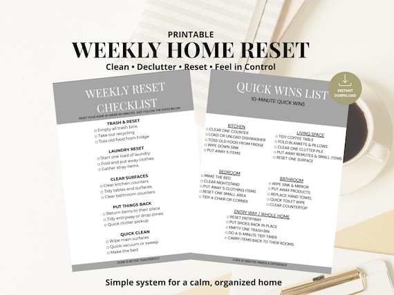 Printable Weekly Home Reset Checklist, Declutter Routine, Organization Planner (PDF)
