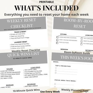 May include: Printable home reset checklist with the text "WHAT'S INCLUDED". Includes weekly reset, room-by-room reset, and quick wins lists. Features checklists for kitchen, living room, bedroom, and bathroom tasks. Includes an "Instant Download" graphic.